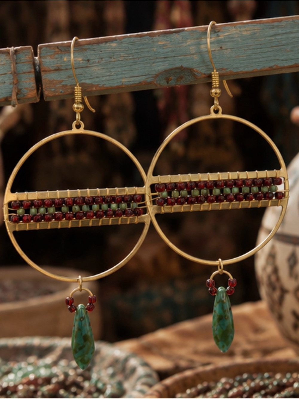 Gold Hoop Earrings with Green Teardrop and Red-Green Beaded Band